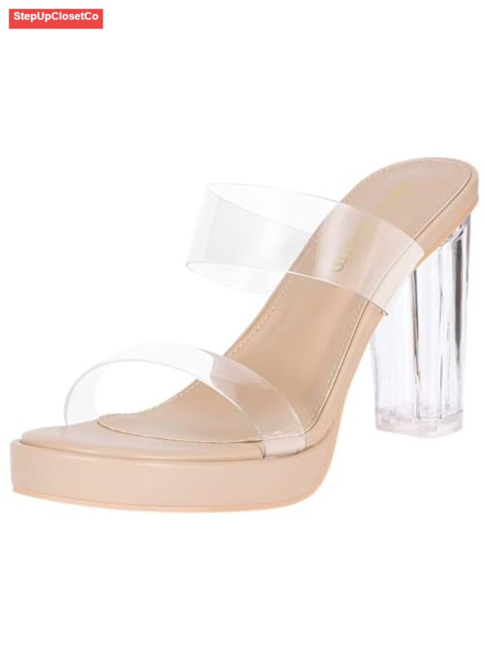 Clear Chunky Block Heeled Sandals Open Toe Two Strap Slip On Platform High Heel - Picture 1 of 6